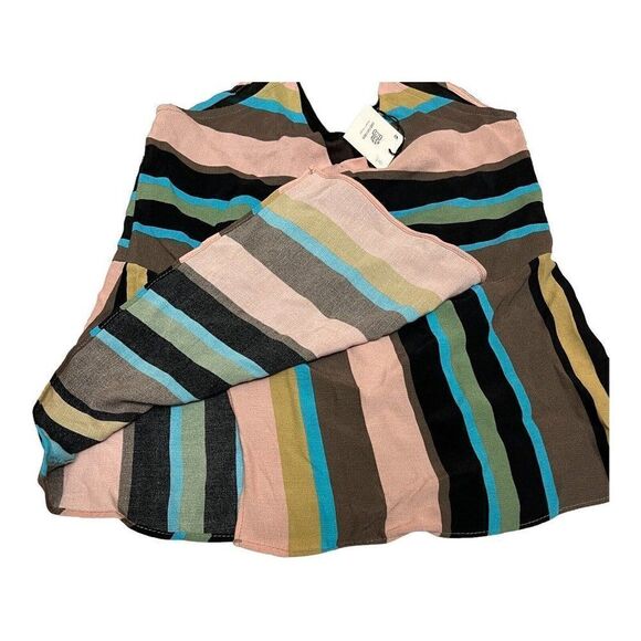Zara Top Womens XS Brown‎ Stripe Tank Plunge Pink Blue Faux Wrap Plunge V Neck - Picture 7 of 11
